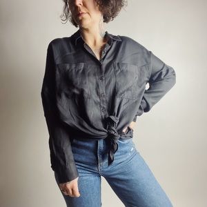 LOFT LOU & GREY Tencel Tie Hem Button Down Shirt Charcoal Gray Womens XS